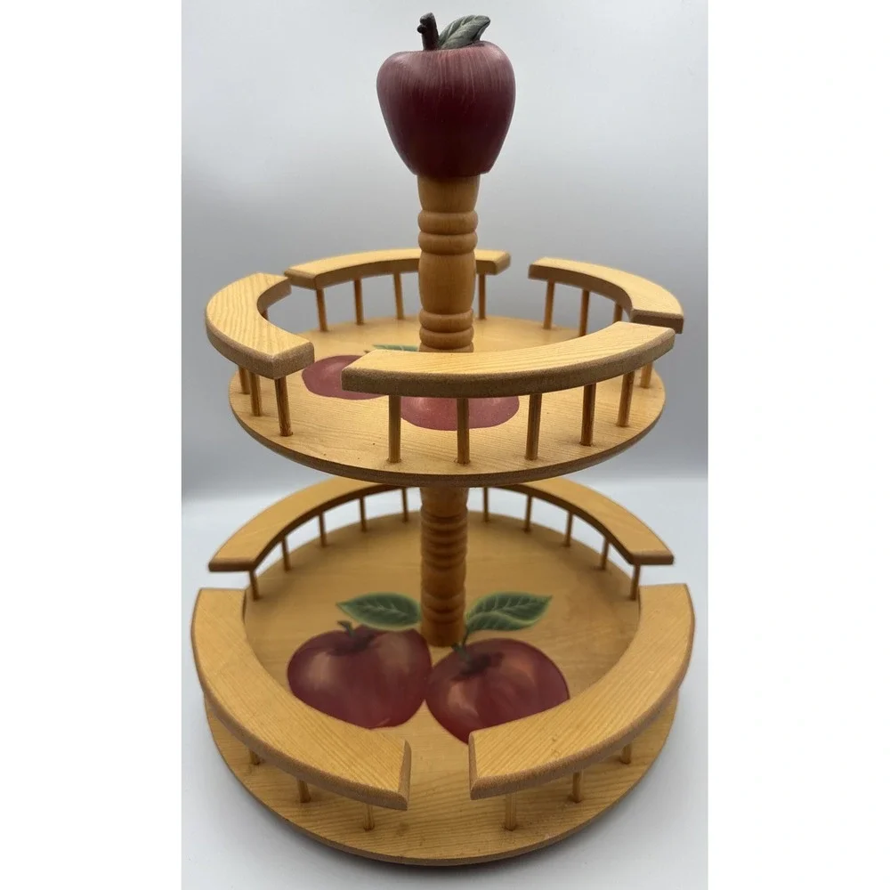 VTG  2-Tier Spice Rack Lazy Susan Wood Apple Decor Cottagecore Grannycore
